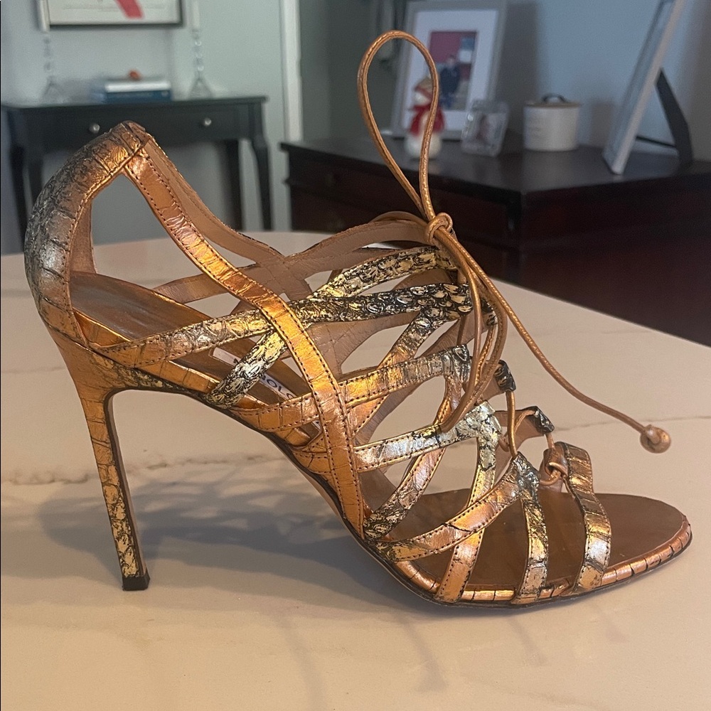 Manolo Blahnik Coppery Gold Strappy Heeled Sandals